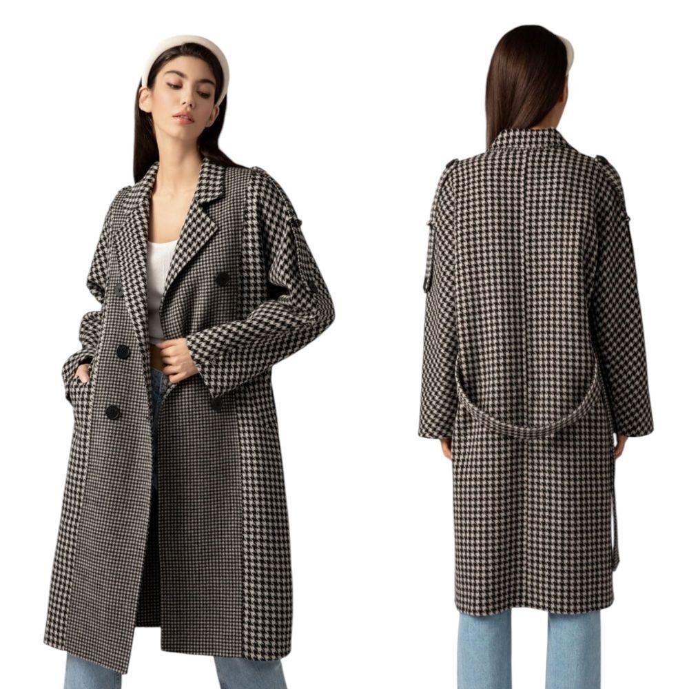 By Qaint  Cashmere Wool Black And White Herringbone  Overcoat M